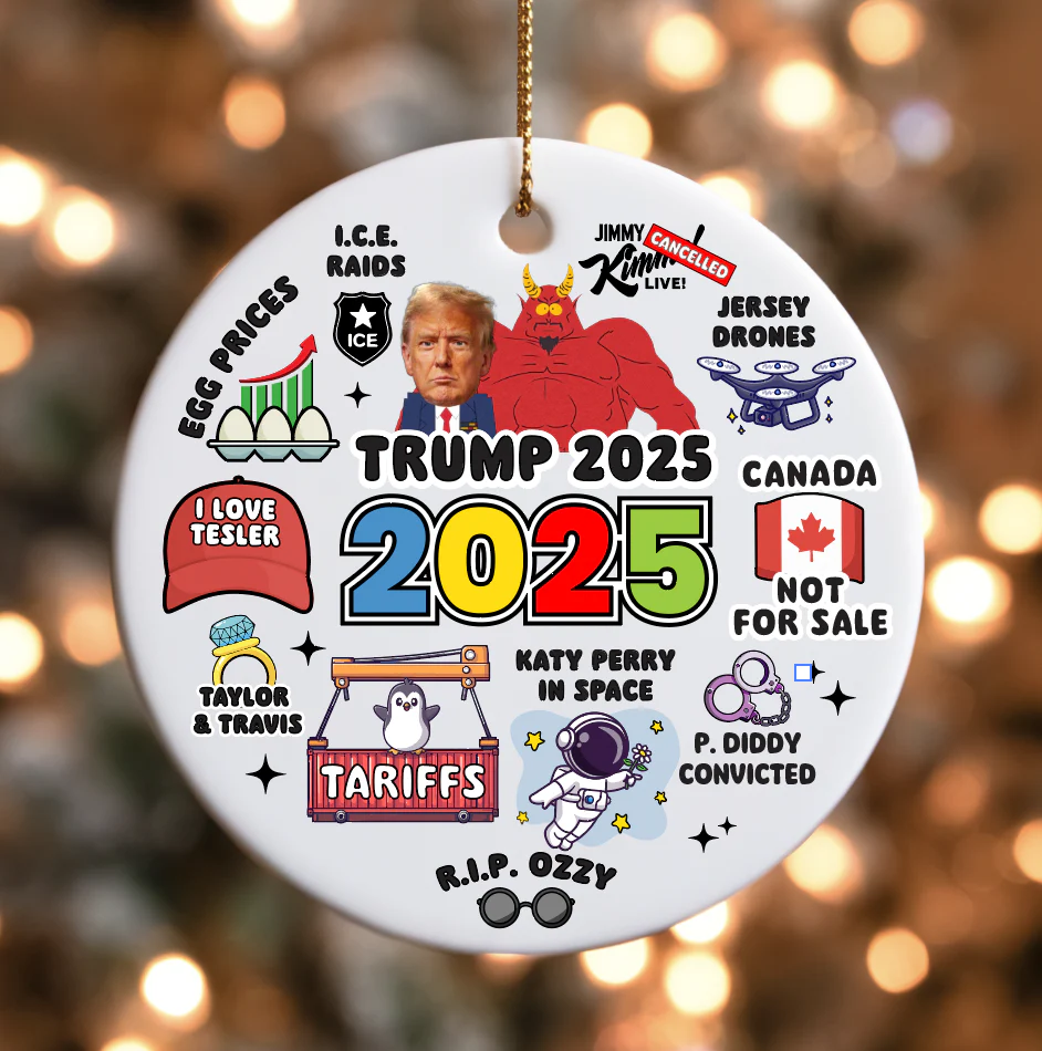 Decorative Christmas ornament with various political and cultural references on a blurred background.